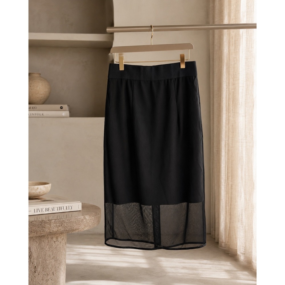 Milly Pencil Skirt Women Size 0 Black Mesh Overlay Sheer Hem Back Zip Midi‎